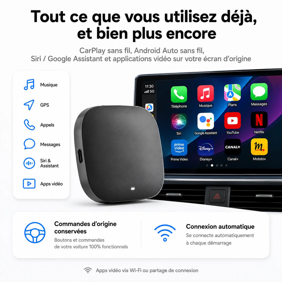 AI Box CarPlay & Android Auto — YouTube & Netflix intégrés