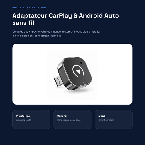 Guide d'installation de la clé CarPlay sans fil offert, avec l'adaptateur USB