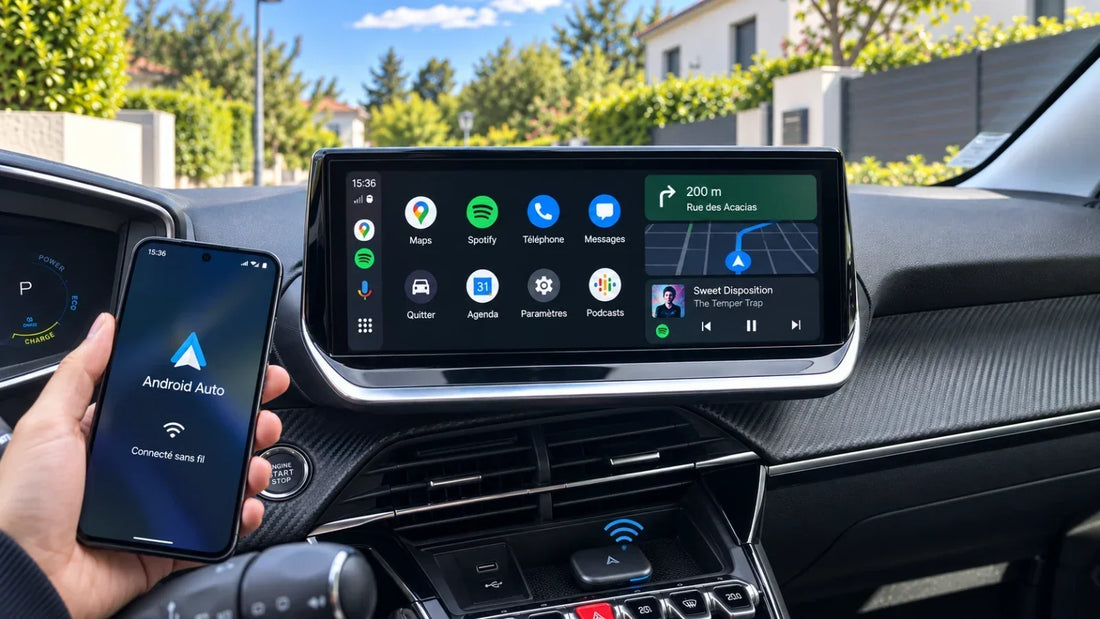 Android Auto sans fil affiché sur l'écran multimédia d'une voiture compatible