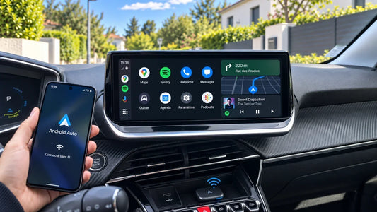 Android Auto sans fil affiché sur l'écran multimédia d'une voiture compatible