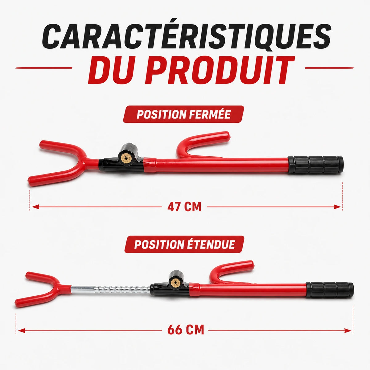 Canne antivol voiture en position fermée (47 cm) et en position étendue (66 cm)