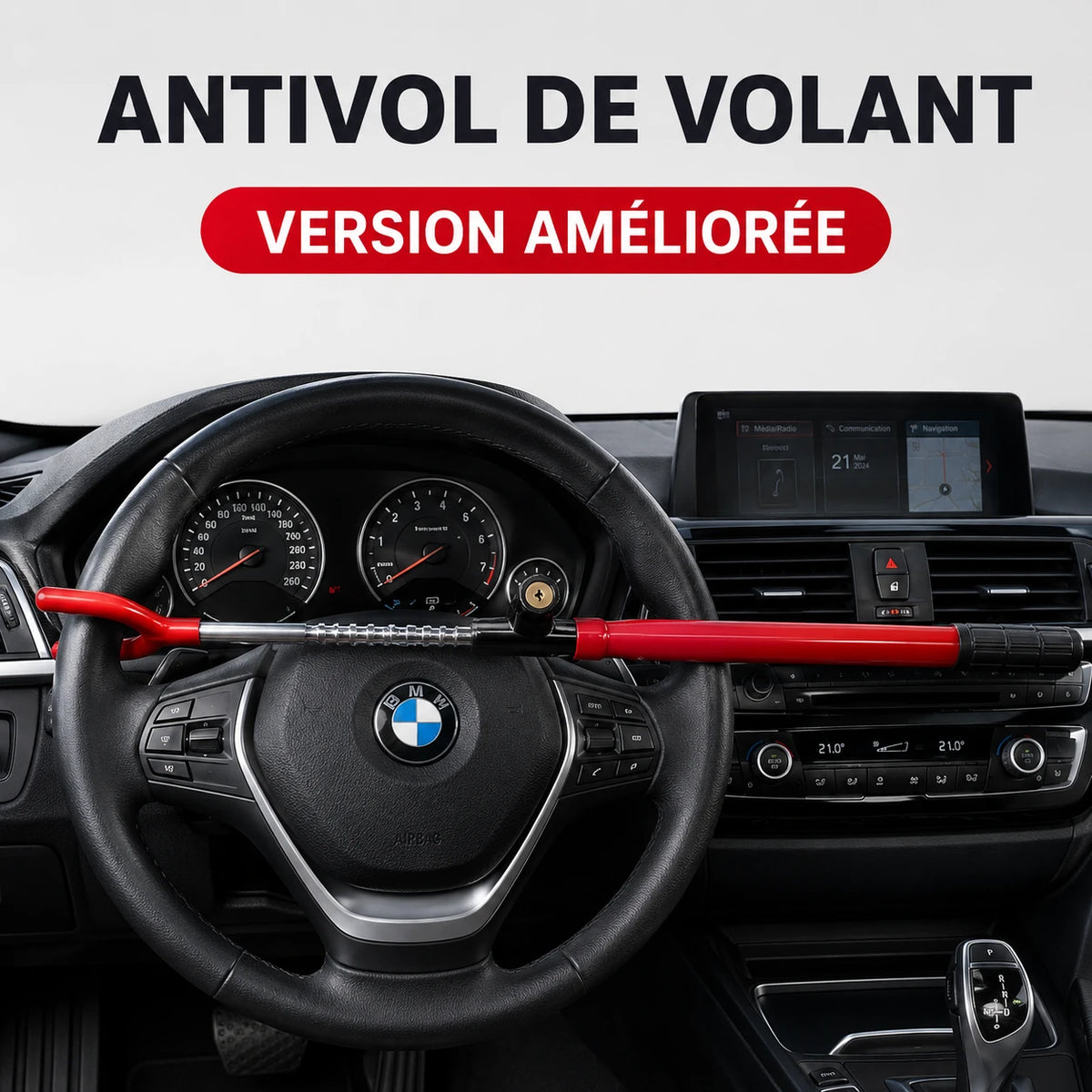 Canne antivol voiture rouge installée sur le volant d'une voiture