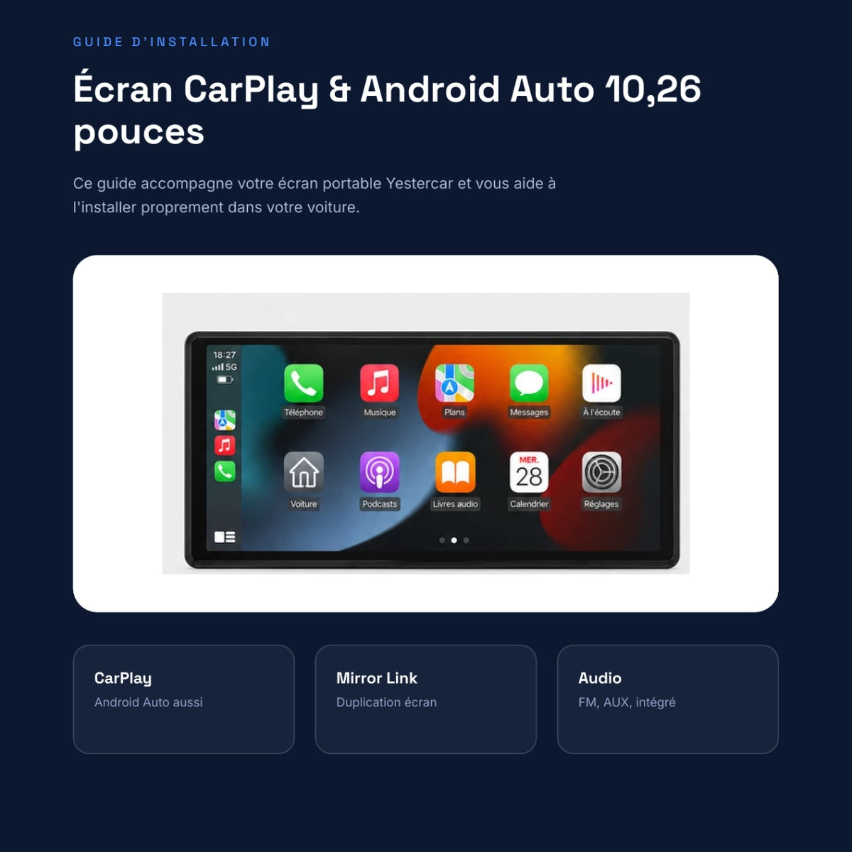 Guide d'installation écran CarPlay 10,26 pouces offert, avec l'écran CarPlay Android Auto